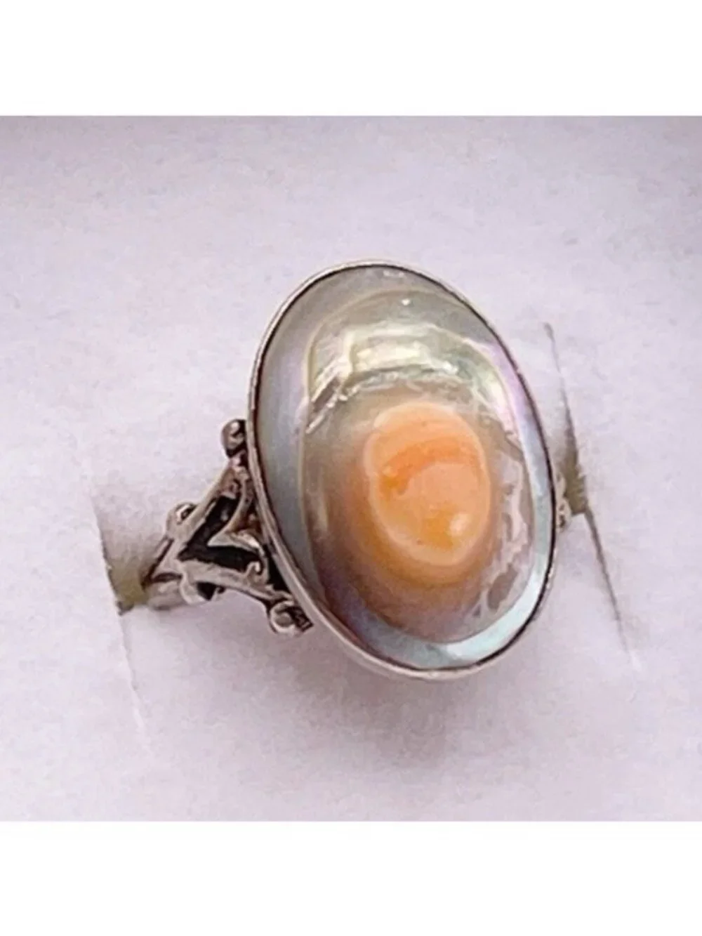 Vintage Sterling Silver Natural Blister Pearl Oval Ring Mabe Domed Size 5.25